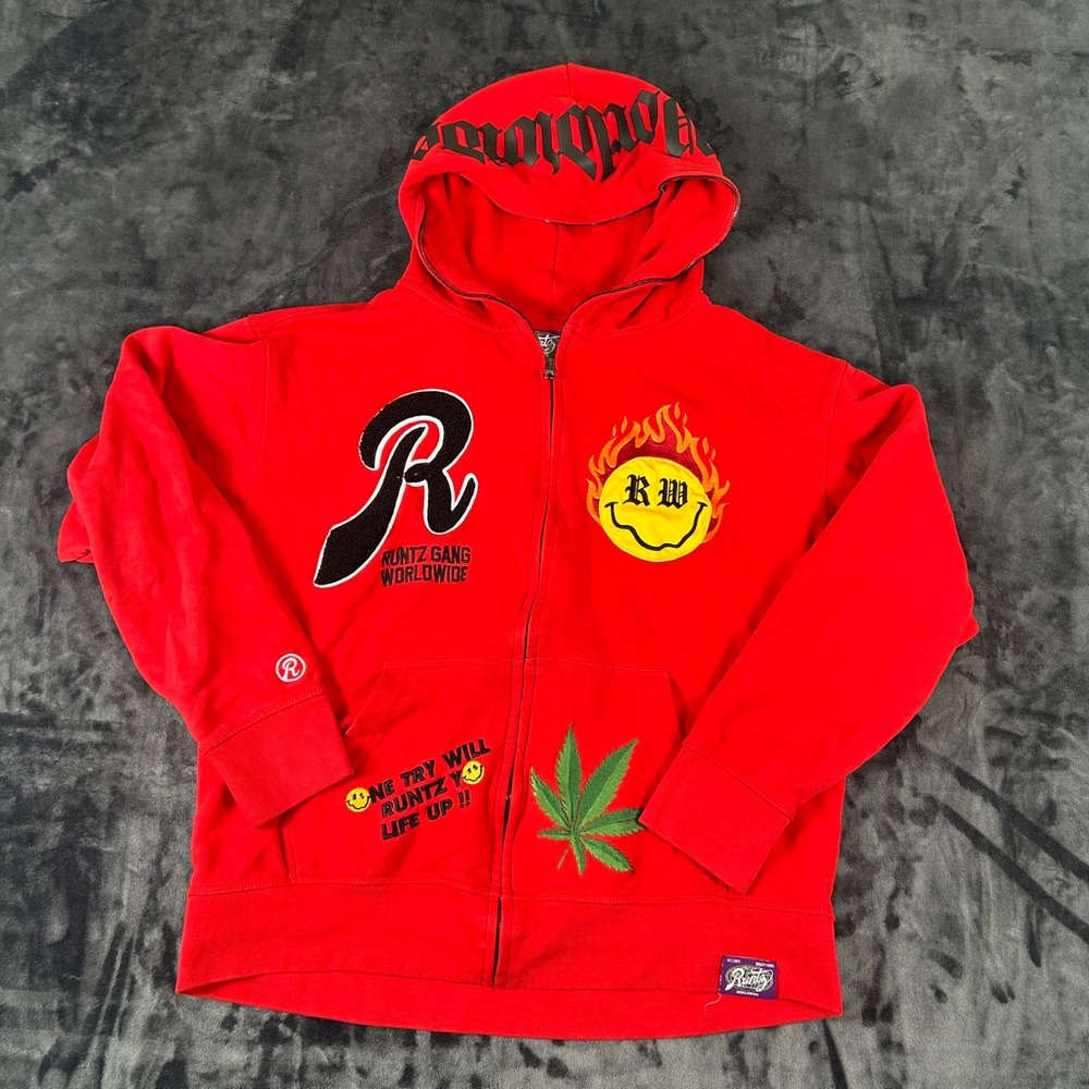 Runtz Worldwide Zip Hoodie Mens Large Red‎ Graphic Streetwear Patch 2455